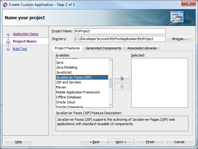 The second page of the Create Custom Application wizard, project name