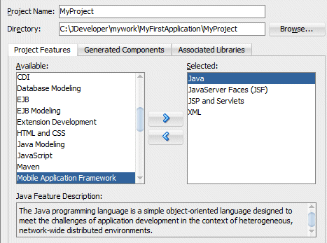 The Create Custom Application wizard with Java, JavaServer Faces, JSP and Servlets, and XML moved to Selected on the right