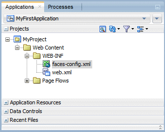 The Applications window showing three accordion panes at the bottom, Application Resources, Data Controls, Recent Files
