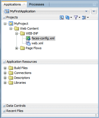 The Application Resources accordian expanded to show the nodes, Build Files, Connections, Descriptors, Libraries