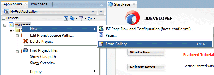 Context menu of the project in the Applications window with the New option selected, and From Gallery selected