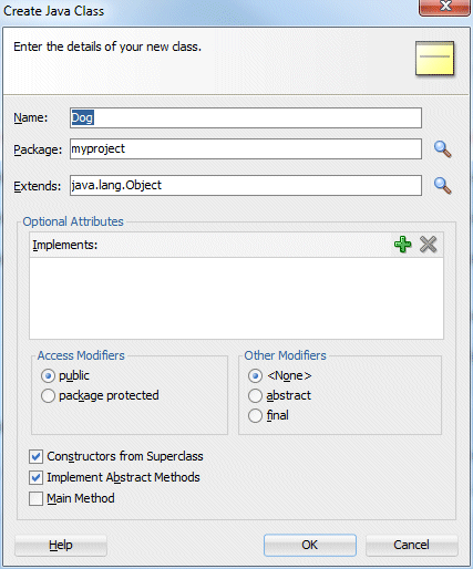 The create java class dialog showing that the class name has been changed to dog.