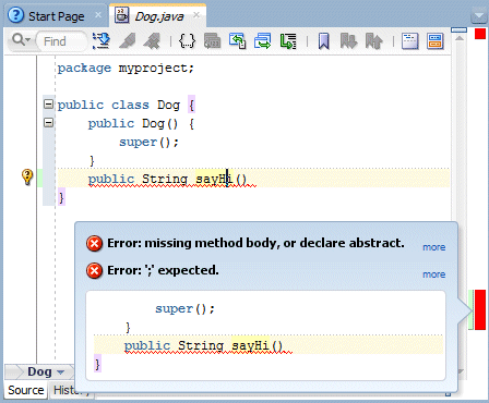 Source editor with cursor over the red mark line in right-hand gutter. Tool tip displays message that the method is missing a return statement