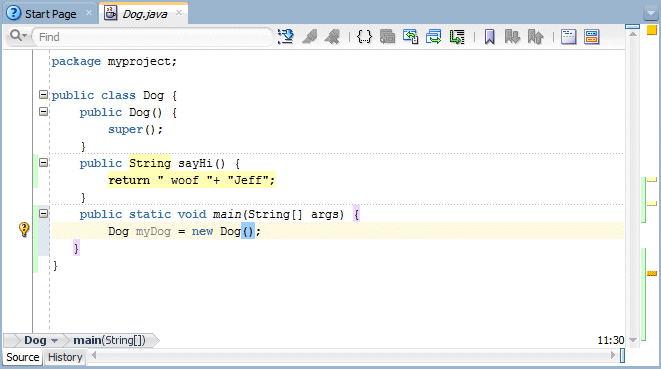 Source code editor: code to create Dog object added to main method.