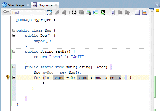 Source editor displaying the word 'count' in place of the 'i' variable.