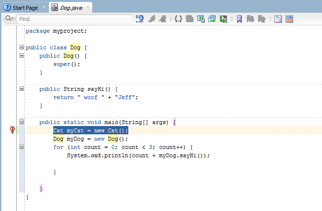 Source editor with code to create Cat object in the main method.