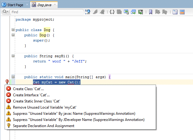 Source editor with list of code suggestions for this line.