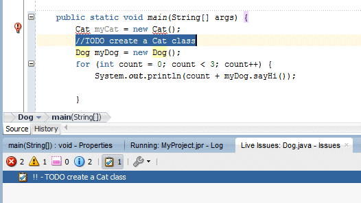 Source editor: the TODO item is highlighted in the code.