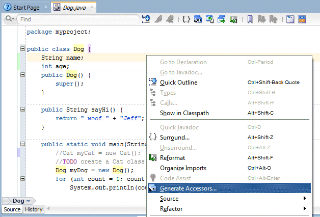 Source editor context menu displayed with Genearte Accessors menu option selected.