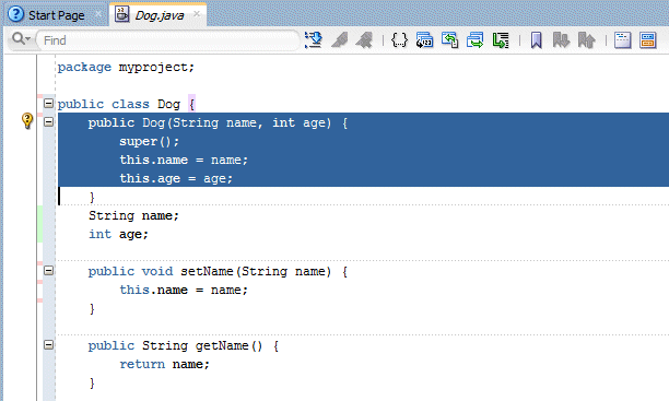 Source editor with the constructor method added to the Dog class.