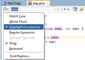 Search field options: Highlight Occurrences option is checked and all occurrences of 'name' are highlighted in the code