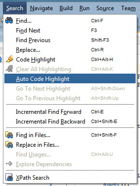 Source editor menu bar with Search menu option selected and Auto Code Highlight menu item selected from the list.