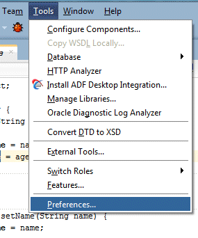 Tools menu on source editor menu bar with Preferences option selected.