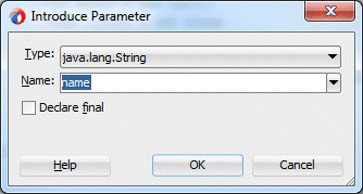 Introduce Parameter dialog box with 'name' in the Name field.