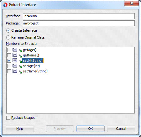 Extract Interface dialog: IntAnimal typed in interface name field, and list of methods below, with the check box next to sayHi(String) checked.