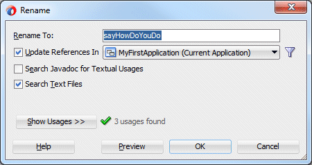 Rename method dialog for the sayHi method: new method name, sayHowDoYouDo, in Rename field: Preview check box checked.