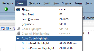 Search menu option on main menu bar selected: Auto Code Highlight menu item selected from the list of options.