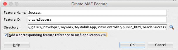 adfmf-feature.xml with create adf mobile feature pane displayed with correct values