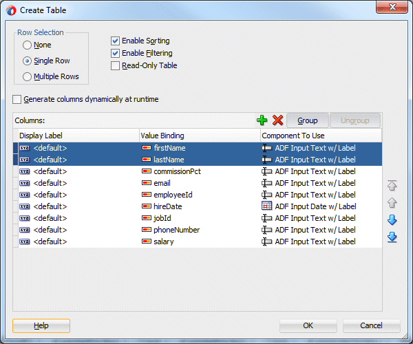 Edit Table Columns dialog