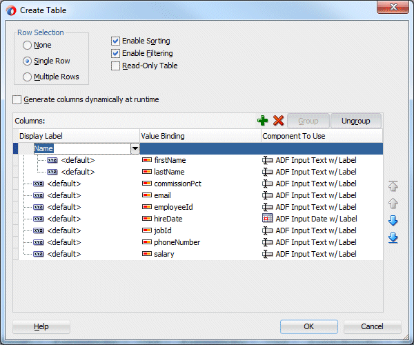 Edit Table Columns dialog