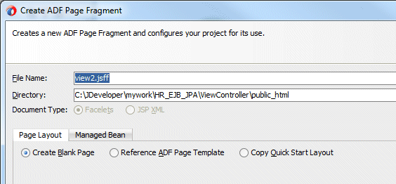 Create ADF Page fragment dialog
