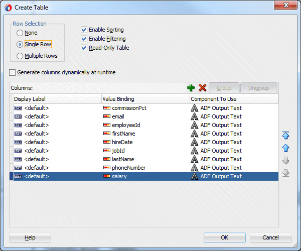 Edit Table Columns dialog