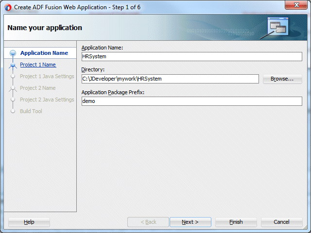 Page 1 of Create Fusion Web Application wizard with HRSystem in the Name field.
