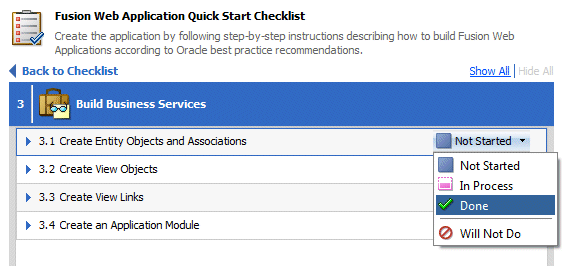Checklist showing status drop down list for Create Entity Objects and Associations subtask. The Done option in list is selected.
