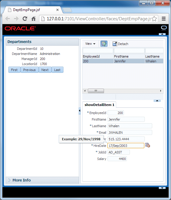 Run time view of DeptEmpPage with popup message demonstrating the format for the HireDate field.