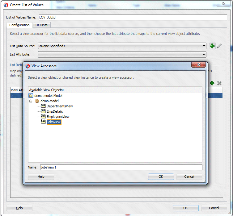 Create List of Values dialog with View Accessors popup. JobsView is selected in Available View Objects pane and cursor points to arrow ready to shuttle it into View Accessors pane.