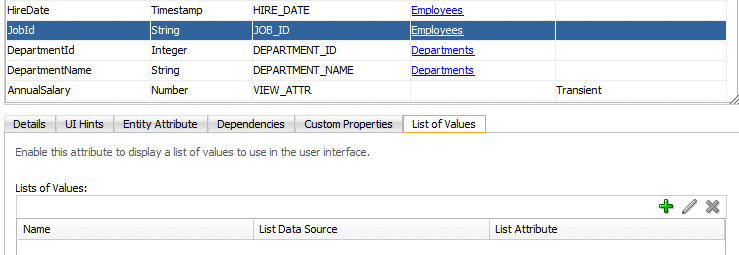 EmpDetails.xml with Attributes tab selected. JobId attribute selected in list with cursor pointing to List of Values tab.
