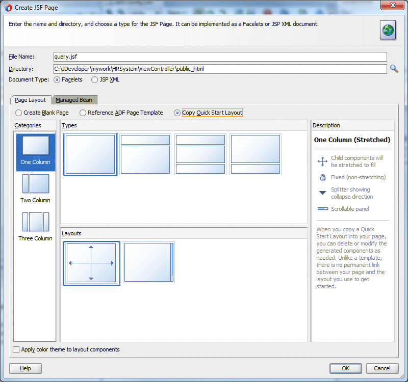 Create JSF Page dialog for the query page with cursor over the Browse button.