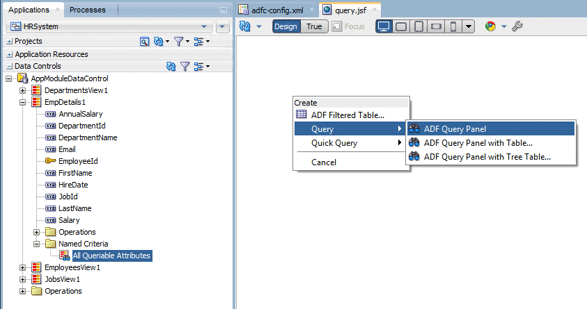 App Navigator with All Queriable Attributes selected in Data Controls accordion. On right, empty page with Query>ADF Query Panel selected in Create box.