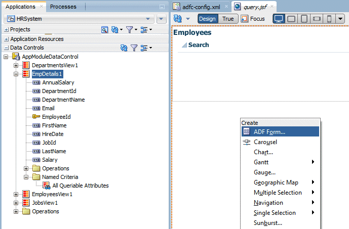 App Navigator with EmpDetails1 selected in Data Controls accordion. On right, Employees page with Search panel, and below it the Create box with Form>ADF Form selected.