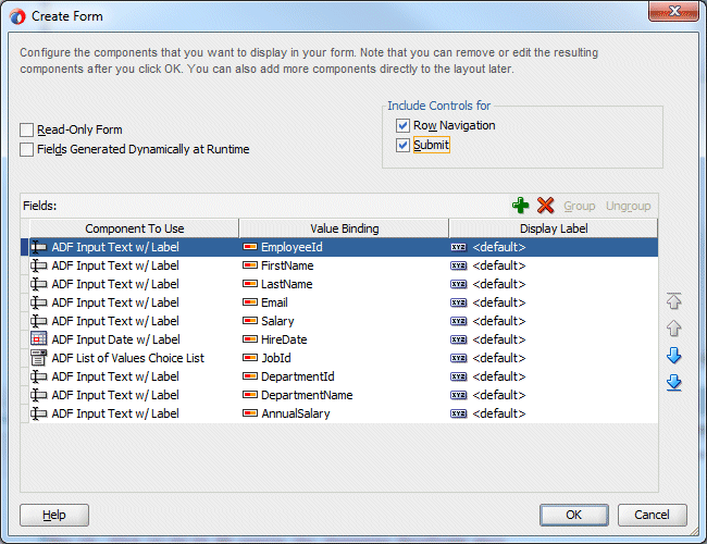 Edit Form Fields dialog with Navigation and Submit checkboxes checked and cursor over OK button.