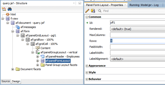 Search page with panelFormLayout selected and on right, Rows property in PI with value 5 highlighted.