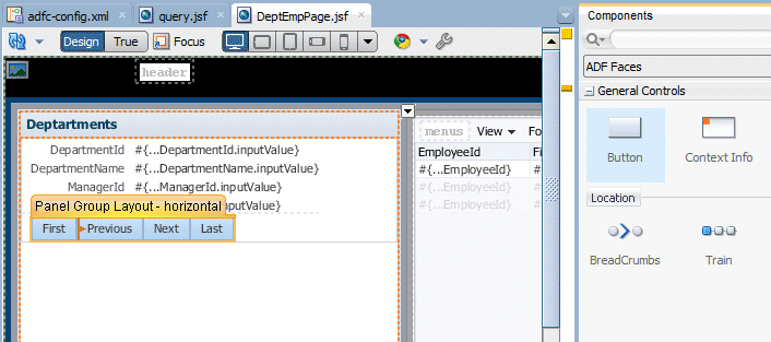 Component Palette with Button component selected and cursor dragging it to Departments page (on left).