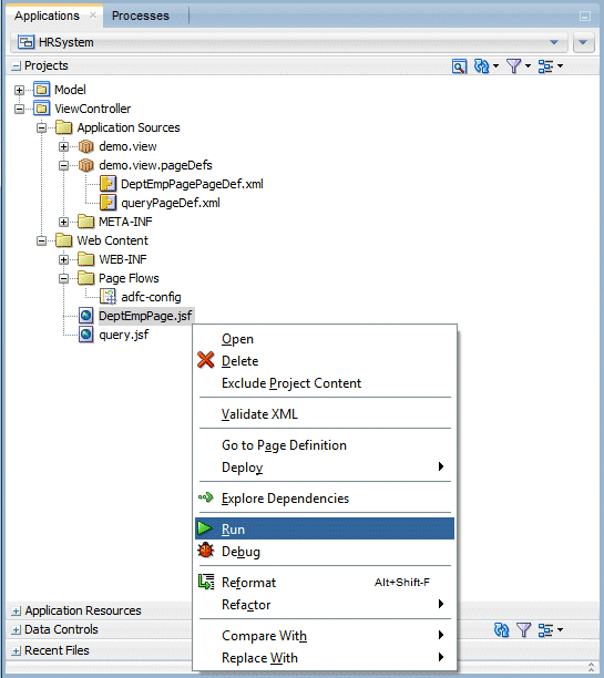 App navigator withDeptEmpPage selected and Run selected in context menu.