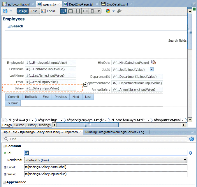 Query page with Salary field selected; PI to the right with Id property set to sal.