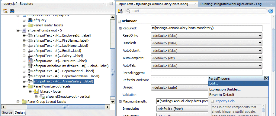 Structure window with AnnualSalary field selected; PI to the right and with PartialTriggers property dropdown with Edit option selected.