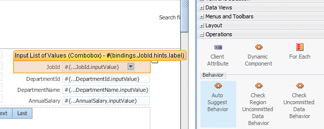 As previous image but with Comp Palette displayed to the right and Auto Suggest Behavior operation selected and cursor showing dropping onto JobId field.
