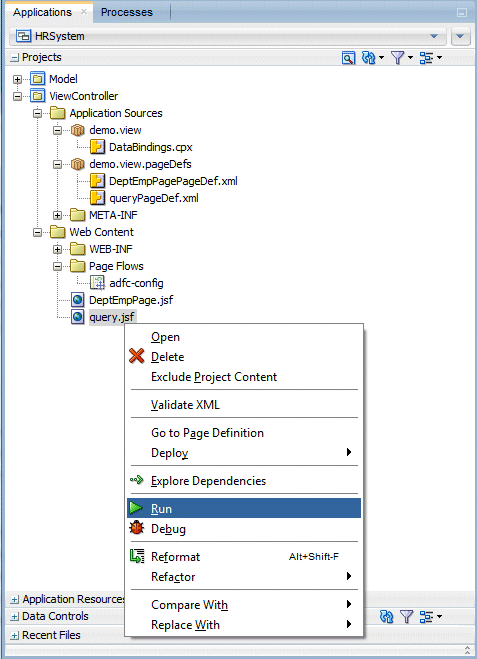 App Navigator with query page selected and Run higlighted in context menu.
