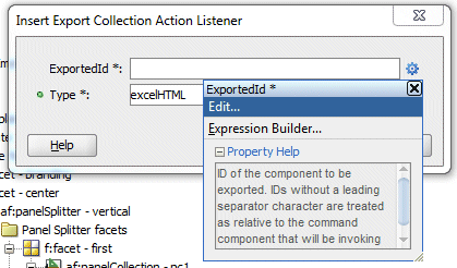 Insert Export Collection Action Listener dialog with drop down menu and Edit option selected.