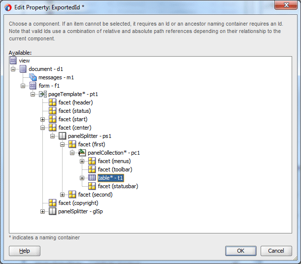 Edit Property:ExportedId dialog with table selected and cursor over OK.