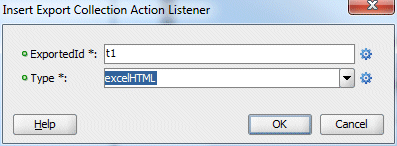 Insert Export Collection Action Listener dialog with excelHTML highlighted in Type field, and cursor over OK.