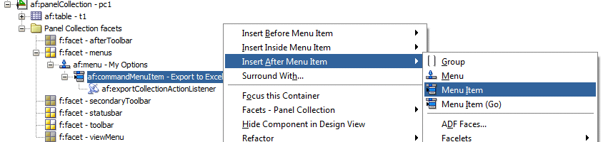 Structure window with menu item selected and Insert after af:commandMenuItem - Export to Excel > Menu Item selected in context.