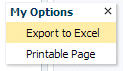 My Options menu with Export to Excel menu option selected