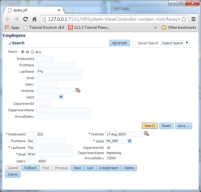 Run time view of Query page with F% in LastName field and cursor over Search button and Pat Fay's employee record displayed.