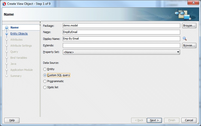 CreateView Object wizard Step 1. EmpByEmail hightlighted in Name field. Cursor on Next button.