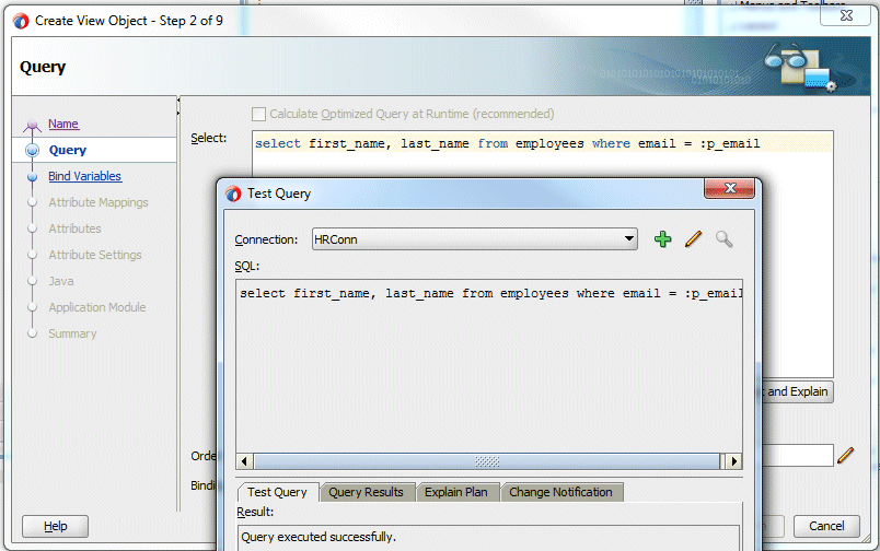 Screenshot of part of Step 2 of wizard showing Select statement and results box from testing the statement. 'Query executed successfully' reported in Result box.